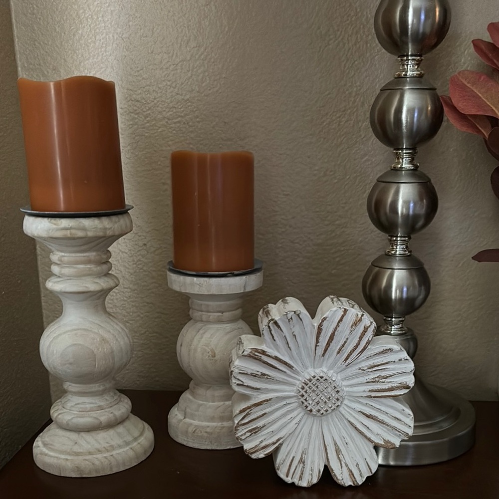 Elegant Wooden Candle Holders with Orange Candles